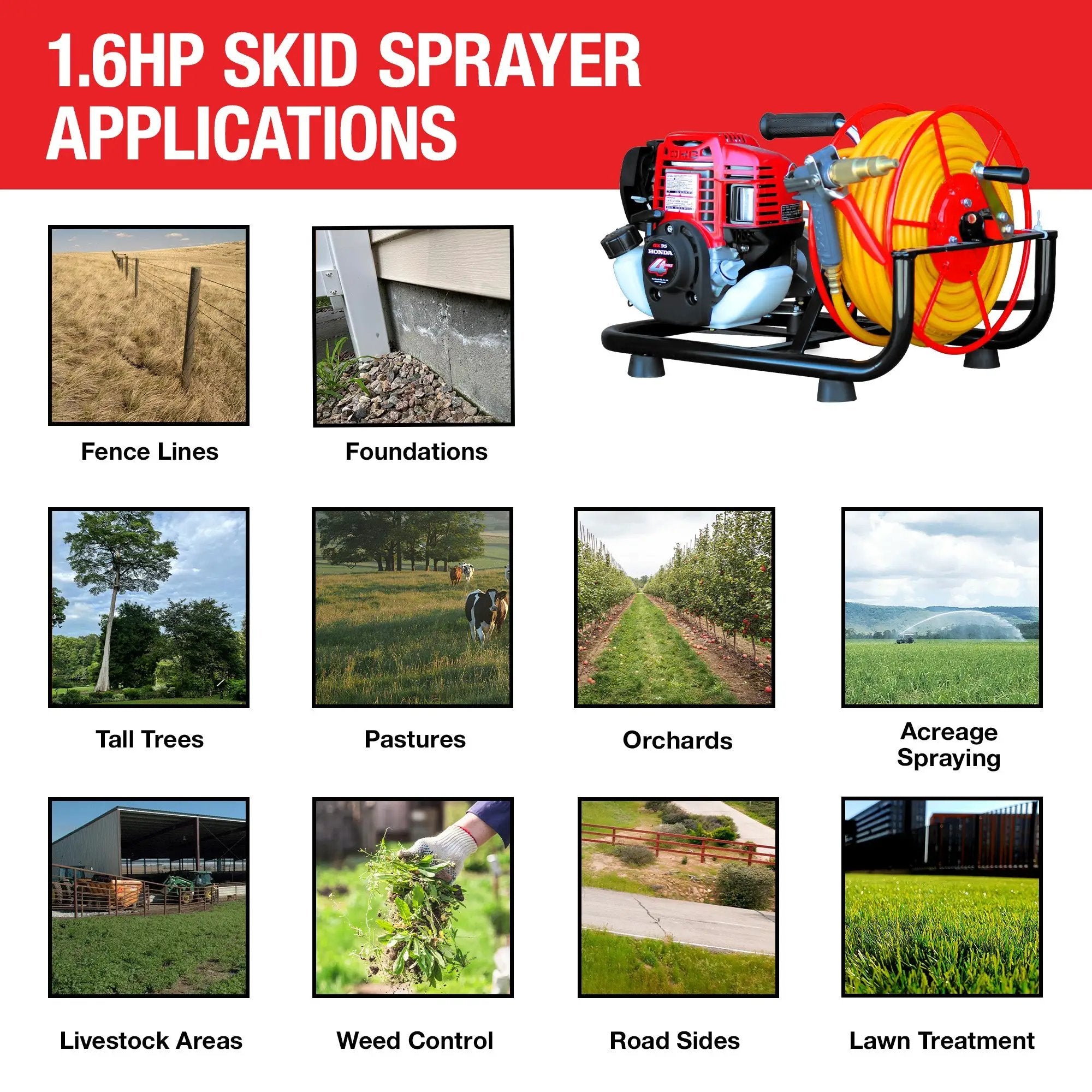 1.6HP Skid Sprayer Barrel Mount Only with Honda GX35 100ft Hose and 500 PSI Pump for Pest Control by Tomahawk Power