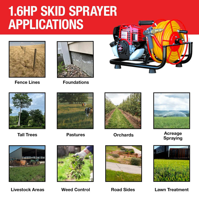 1.6HP Skid Sprayer Barrel Mount Only with Honda GX35 100ft Hose and 500 PSI Pump for Pest Control by Tomahawk Power