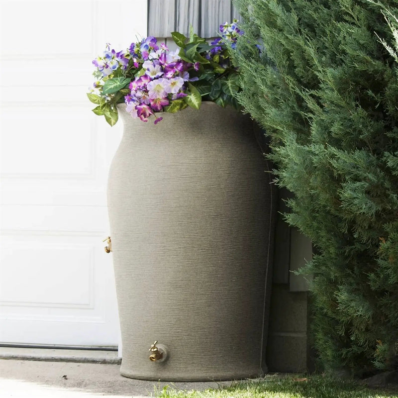 Grey SandStone 50-Gallon Plastic Urn Rain Barrel with Planter Top by HomePacific