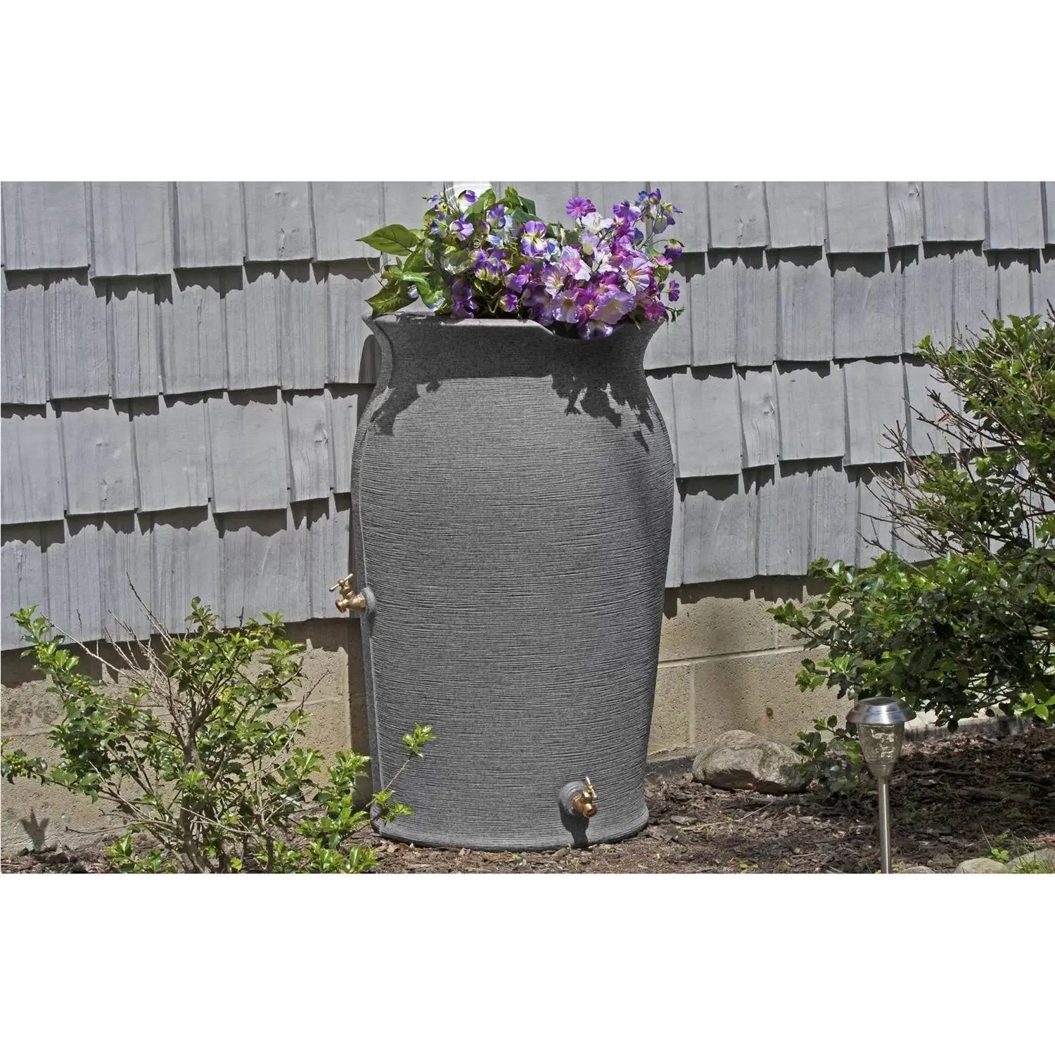 Dark Grey Granite 50-Gallon Plastic Urn Rain Barrel with Planter Top by HomePacific
