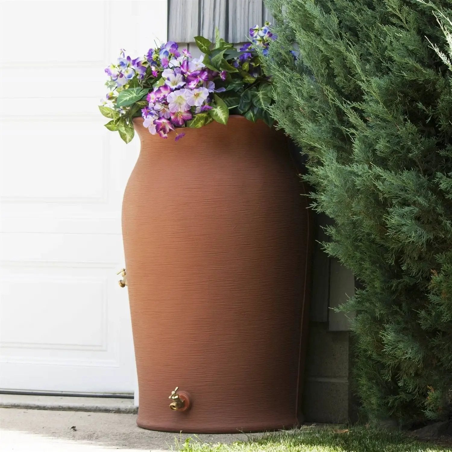 Terra Cotta 50-Gallon Plastic Urn Rain Barrel with Planter Top by HomePacific