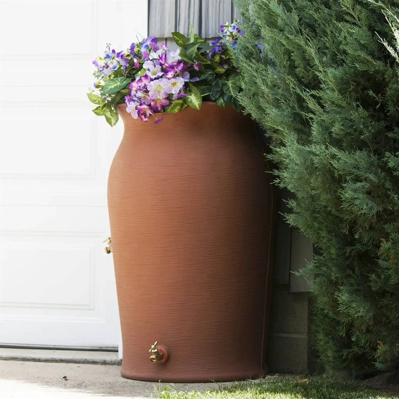 Terra Cotta 50-Gallon Plastic Urn Rain Barrel with Planter Top by HomePacific