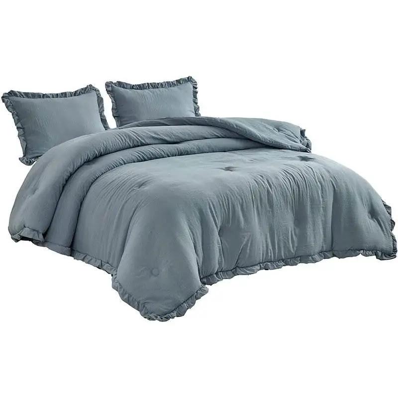 Full Size Blue Stone Washed Ruffled Edge Microfiber 3-Piece Comforter Set by HomePacific