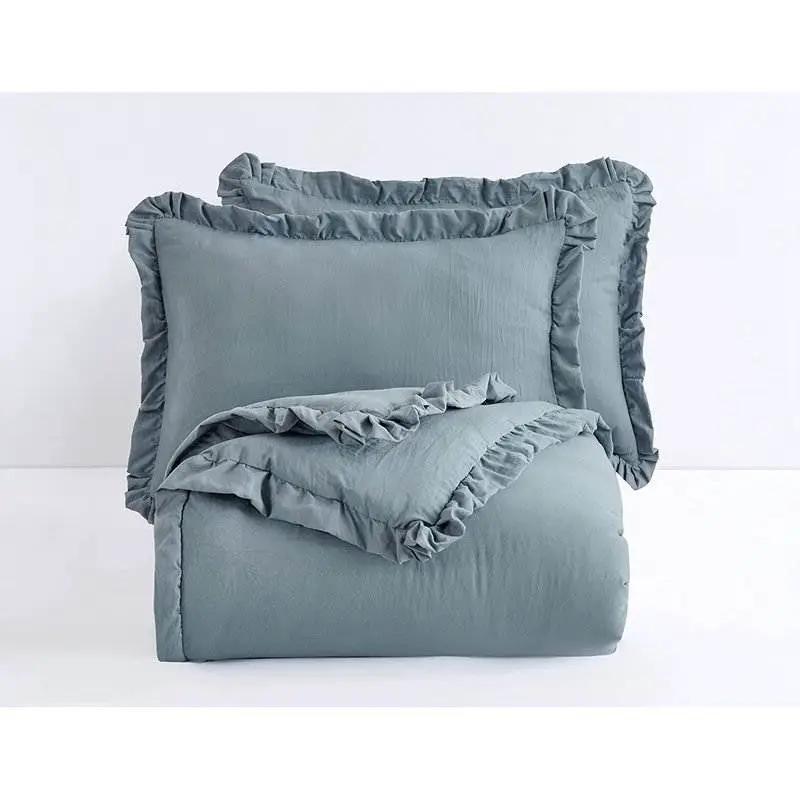 Full Size Blue Stone Washed Ruffled Edge Microfiber 3-Piece Comforter Set by HomePacific