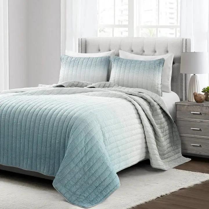King size Aqua Blue and Grey Lightweight Polyester Fabric 3 Piece Quilt Set by HomePacific