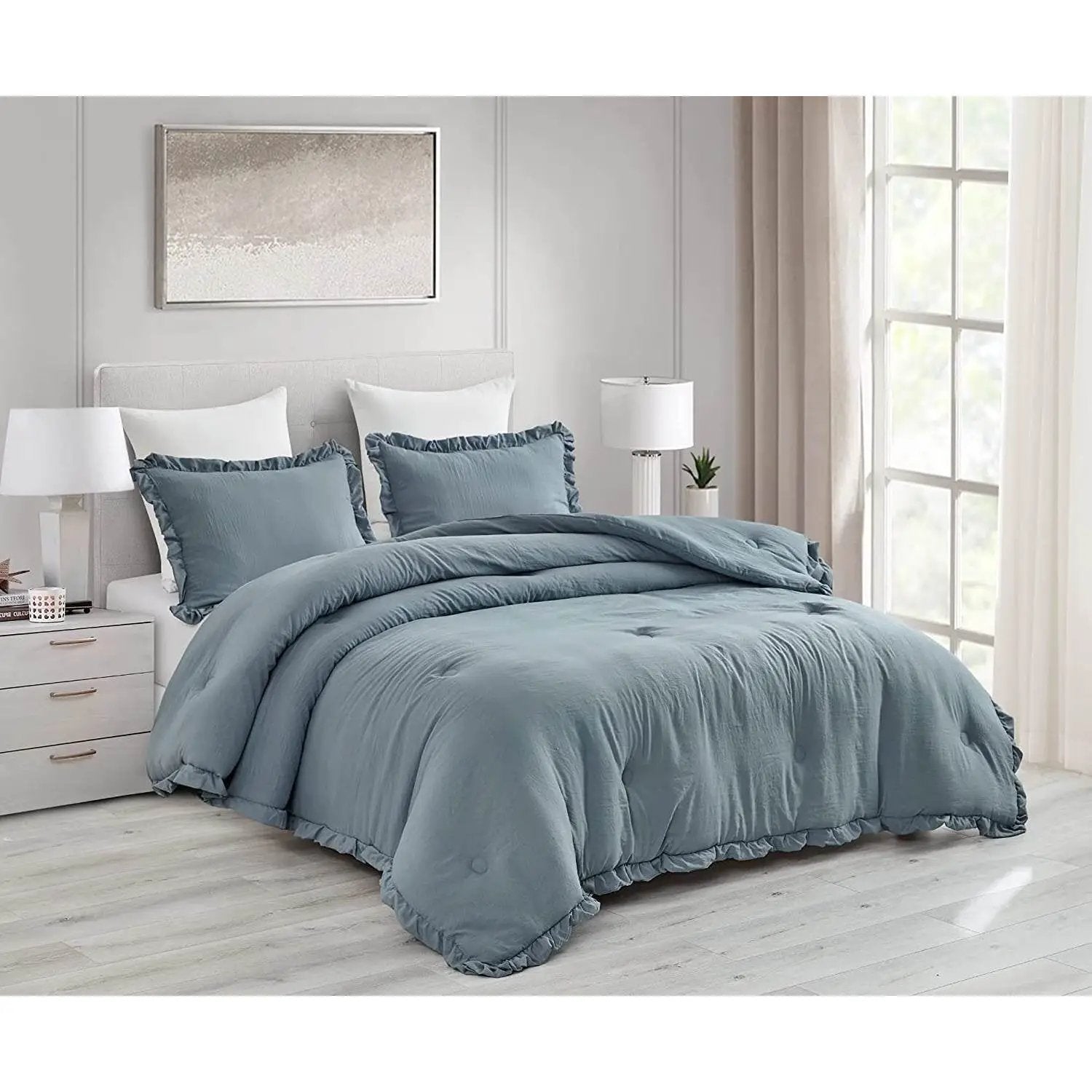 Queen Oversized Blue Ruffled Edge Microfiber Comforter Set by HomePacific