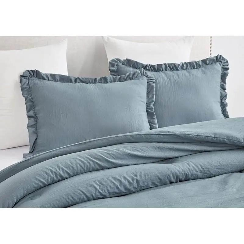 Queen Oversized Blue Ruffled Edge Microfiber Comforter Set by HomePacific