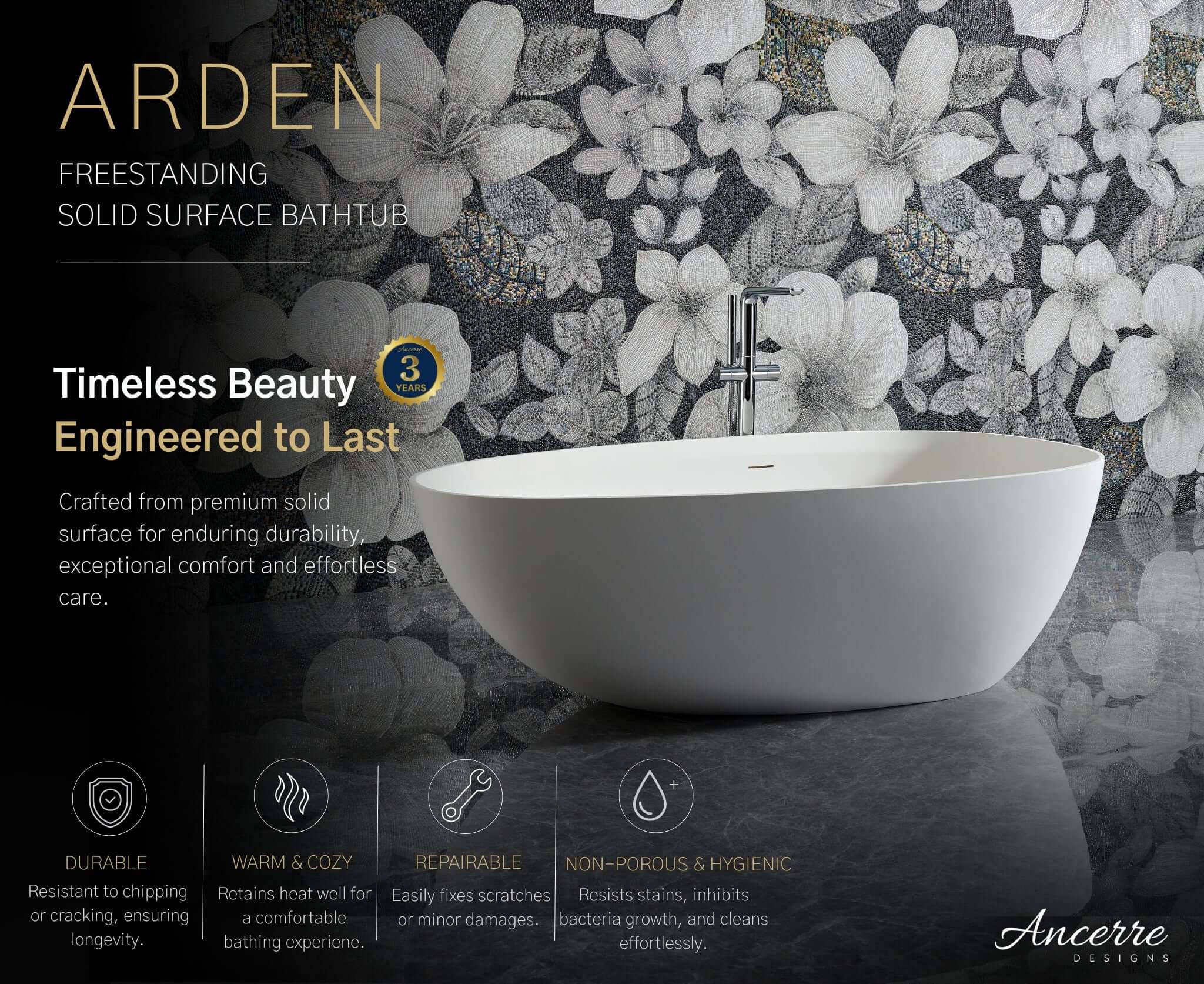 Arden 71” Freestanding Solid Surface Bathtub by Ancerre Designs