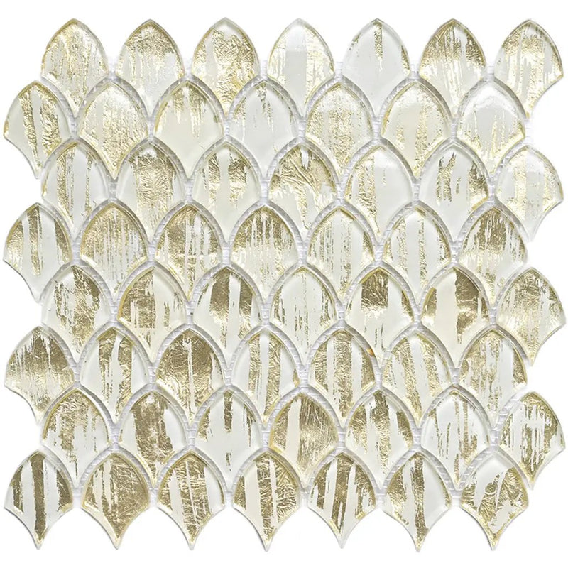 Gold White 11x11 Glossy Fan Fish Scale Glass Mosaic Tile (10 pack, 8.48 sq ft/case) by Apollo Tile