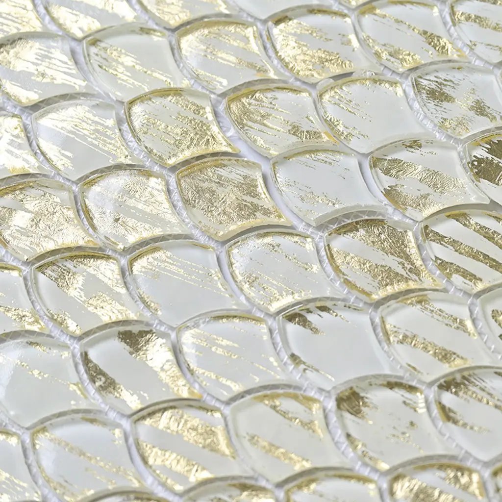 Gold White 11x11 Glossy Fan Fish Scale Glass Mosaic Tile (10 pack, 8.48 sq ft/case) by Apollo Tile
