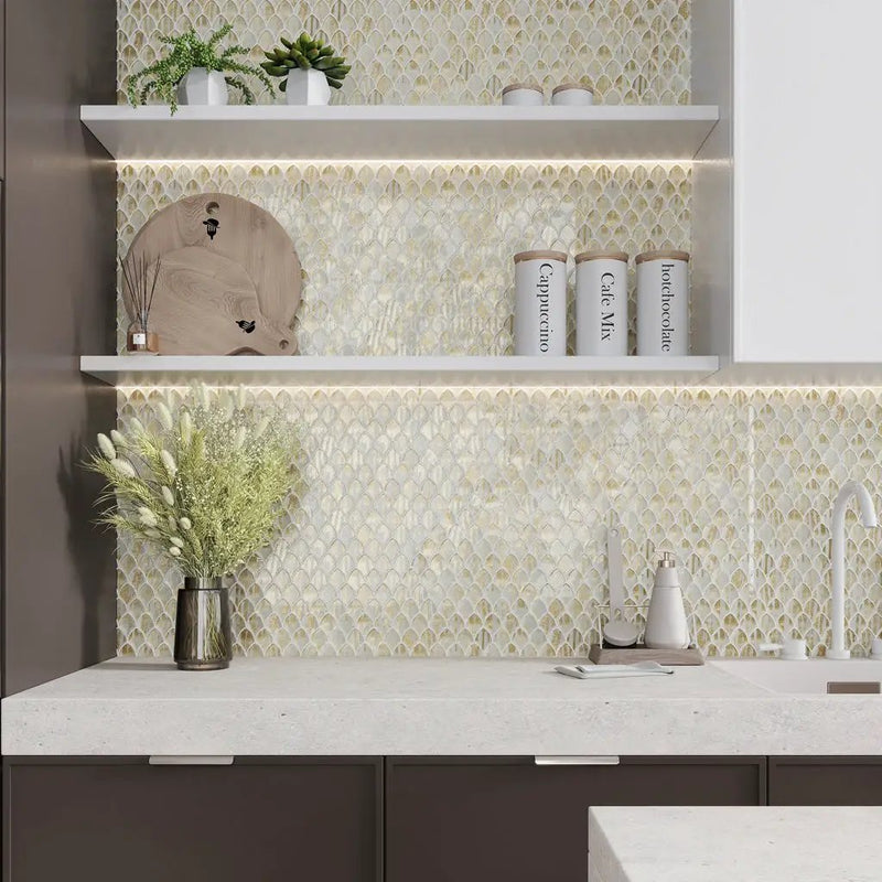 Gold White 11x11 Glossy Fan Fish Scale Glass Mosaic Tile (10 pack, 8.48 sq ft/case) by Apollo Tile