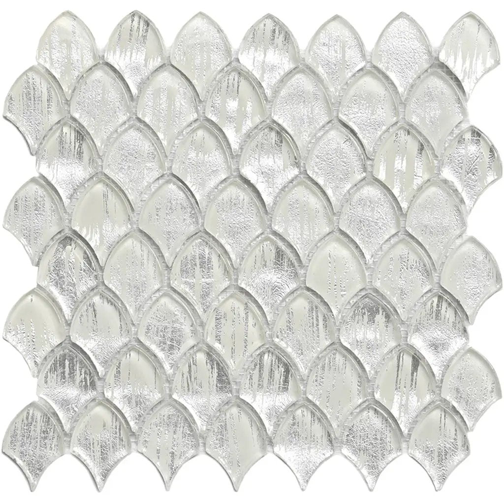 Silver 11x11 Glossy Fan Fish Scale Glass Mosaic Tile (10 pack, 8.48 sq ft/case) by Apollo Tile
