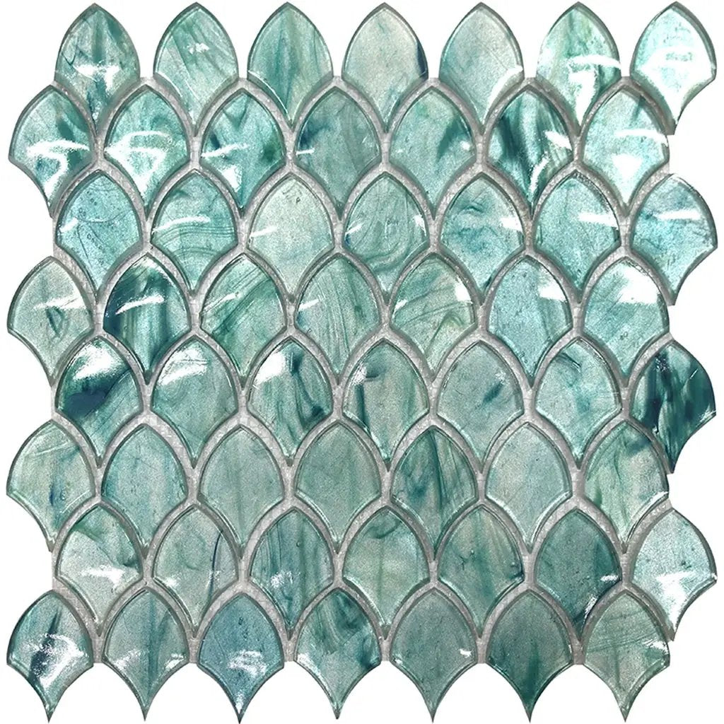 Sea Blue 11x11 Glossy Fan Fish Scale Glass Mosaic Tile (10 pack, 8.48 sq ft/case) by Apollo Tile