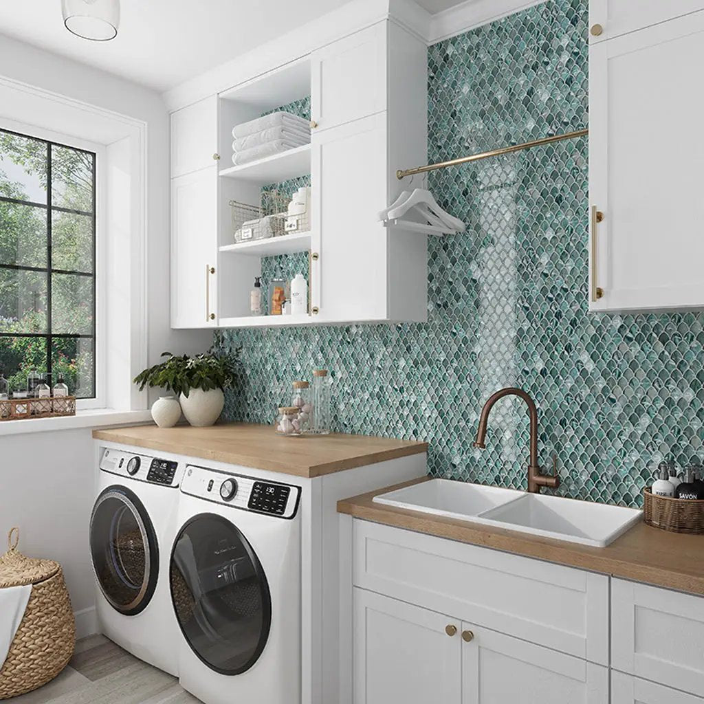 Sea Blue 11x11 Glossy Fan Fish Scale Glass Mosaic Tile (10 pack, 8.48 sq ft/case) by Apollo Tile