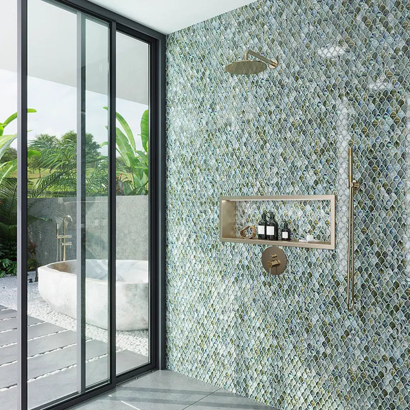 Blue Silver 11x11 Glossy Fan Fish Scale Glass Mosaic Tile (10 pack, 8.48 sq ft/case) by Apollo Tile