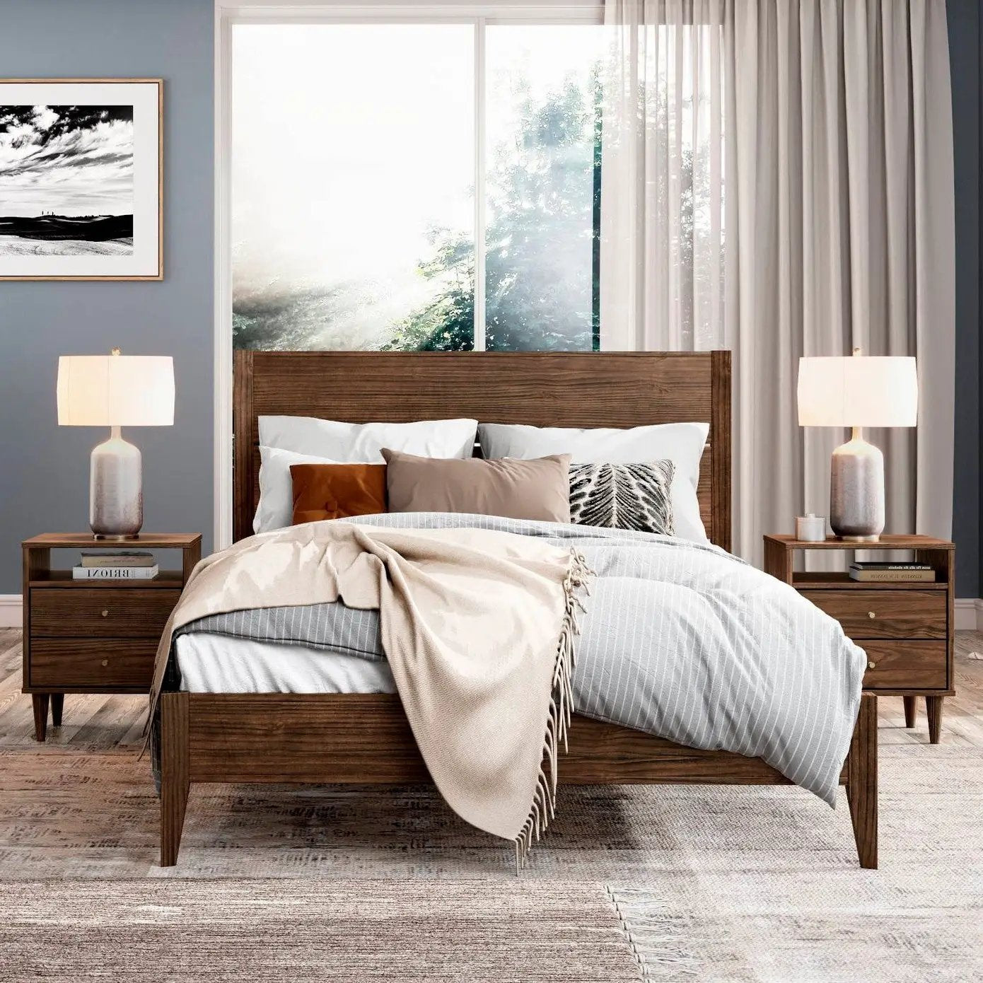 Full Size Rustic Walnut Mid Century Slatted Platform Bed by HomePacific