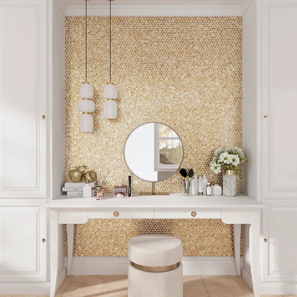 Shimmer Gold 12x12 Glossy Uniform Triangle Glass Mosaic Tile (10 pack, 10.34 sq ft/case) by Apollo Tile
