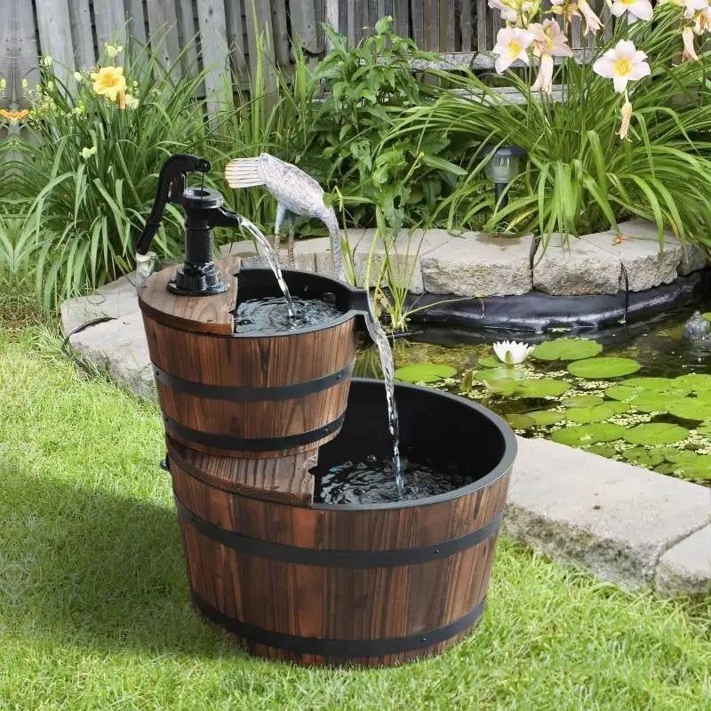 Outdoor 2-Tier Solid Wood Whisky Barrel Waterfall Fountain with Electric Pump by HomePacific