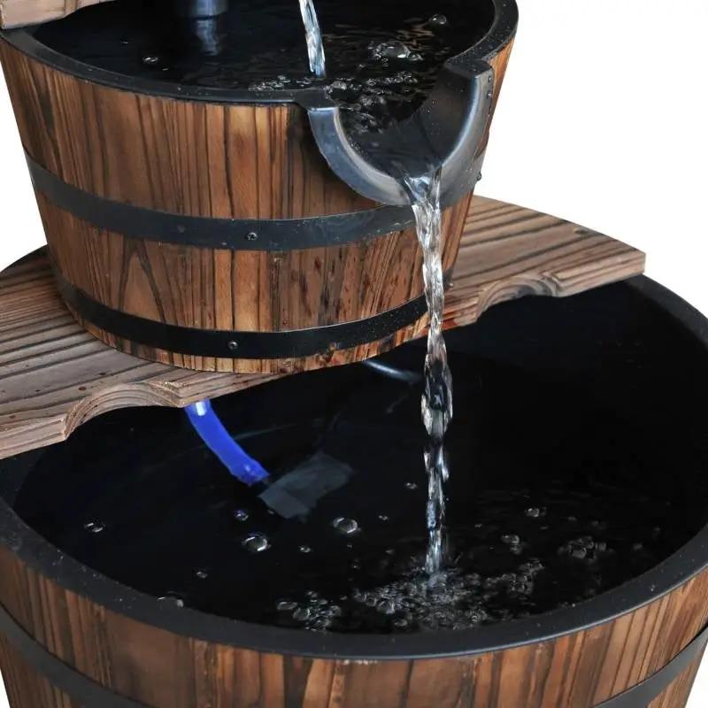 Outdoor 2-Tier Solid Wood Whisky Barrel Waterfall Fountain with Electric Pump by HomePacific