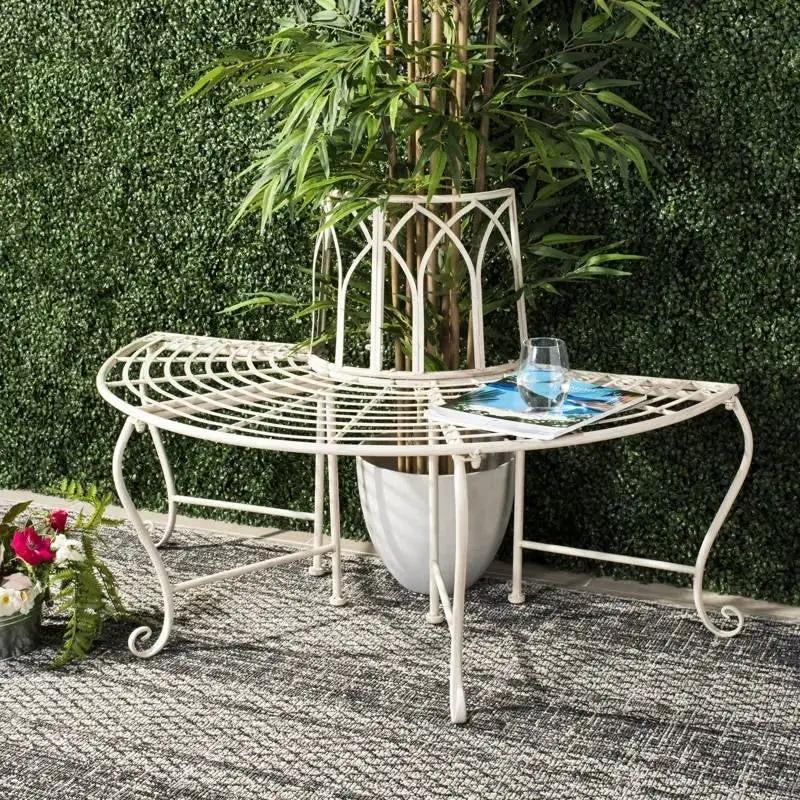 Half-Circle Outdoor Patio Garden Antique White Wrought Iron Tree Bench by HomePacific