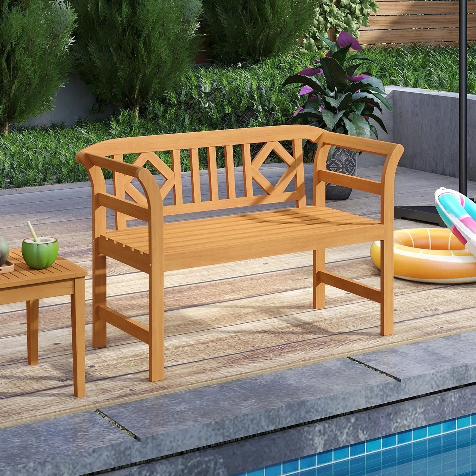 Acacia Wood 2-Person Patio Loveseat with Backrest and Armrests for Porch by DirectDeals