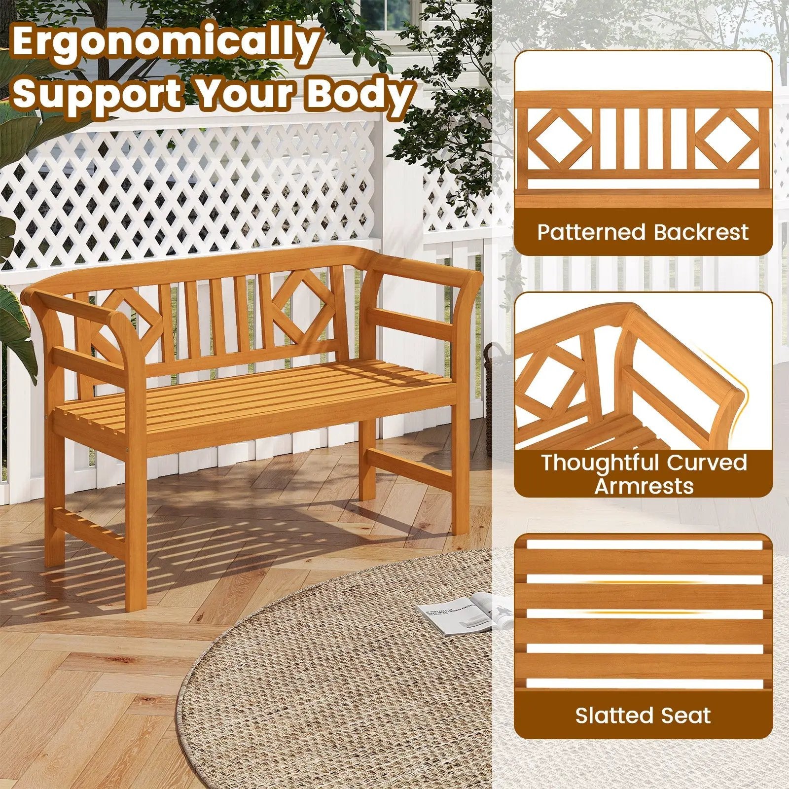 Acacia Wood 2-Person Patio Loveseat with Backrest and Armrests for Porch by DirectDeals