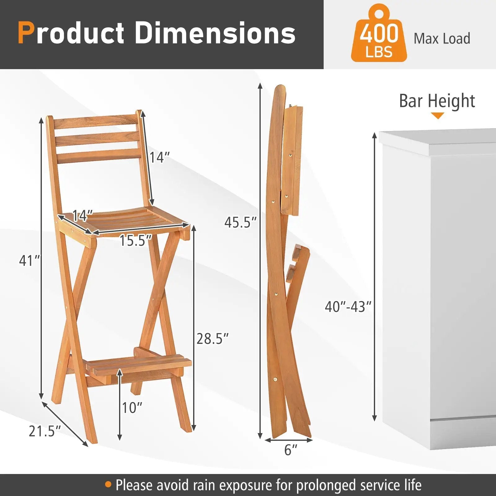 Acacia Wood Bar Height Chair with Backrest and Footrest for Backyard by DirectDeals