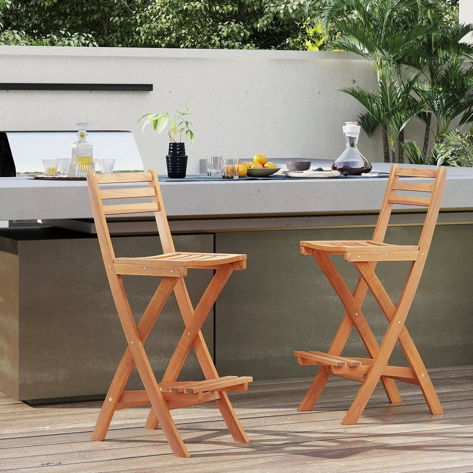 Acacia Wood Bar Height Chair with Backrest and Footrest for Backyard by DirectDeals