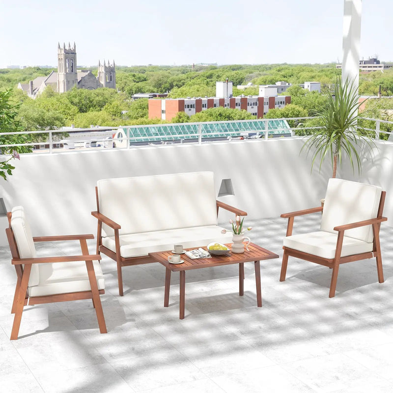 4 Piece Outdoor Acacia Wood Conversation Set with Soft Seat and Back Cushions by DirectDeals
