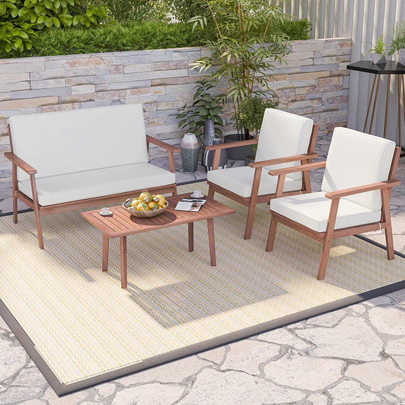 4 Piece Outdoor Acacia Wood Conversation Set with Soft Seat and Back Cushions by DirectDeals