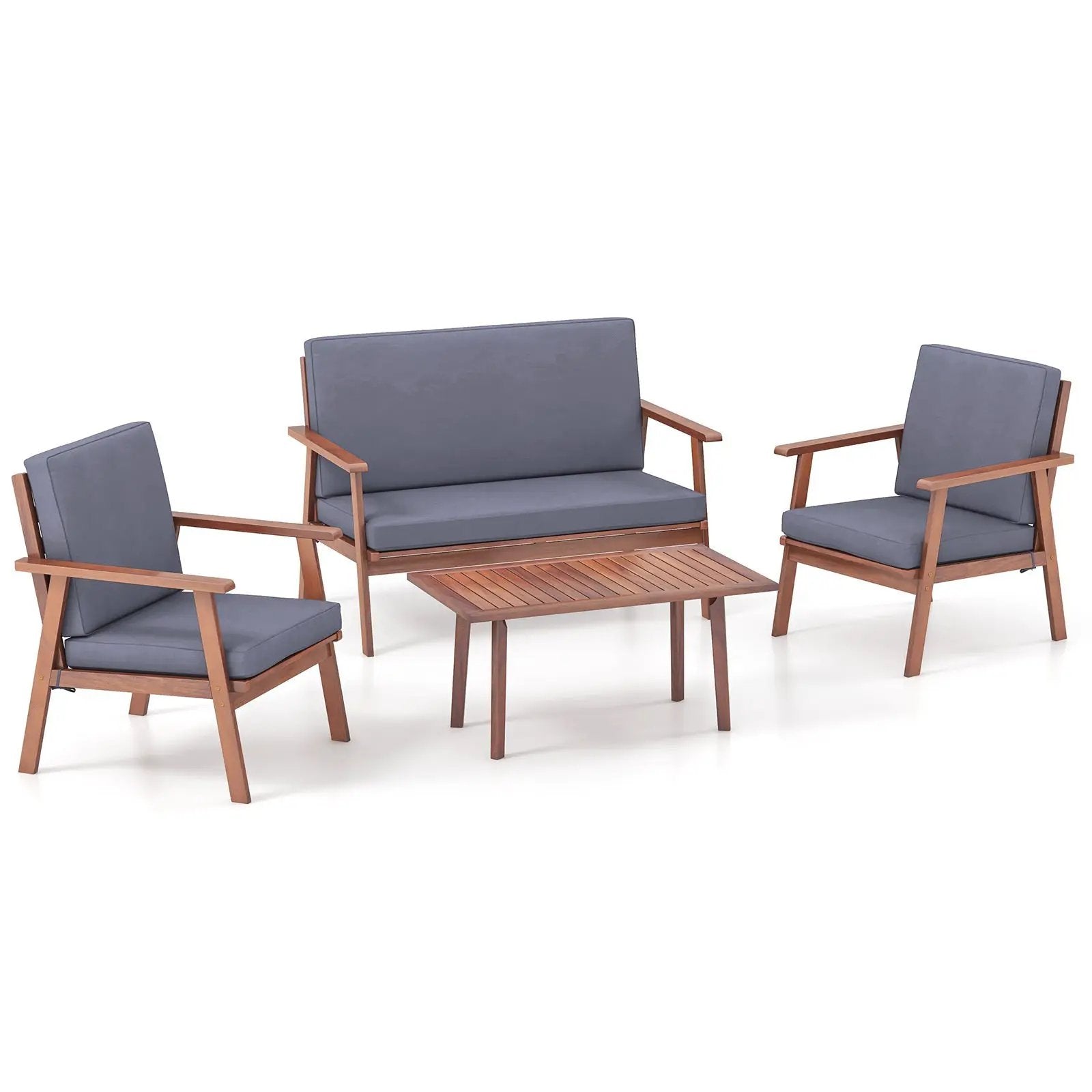 4 Piece Outdoor Acacia Wood Conversation Set with Soft Seat and Back Cushions by DirectDeals
