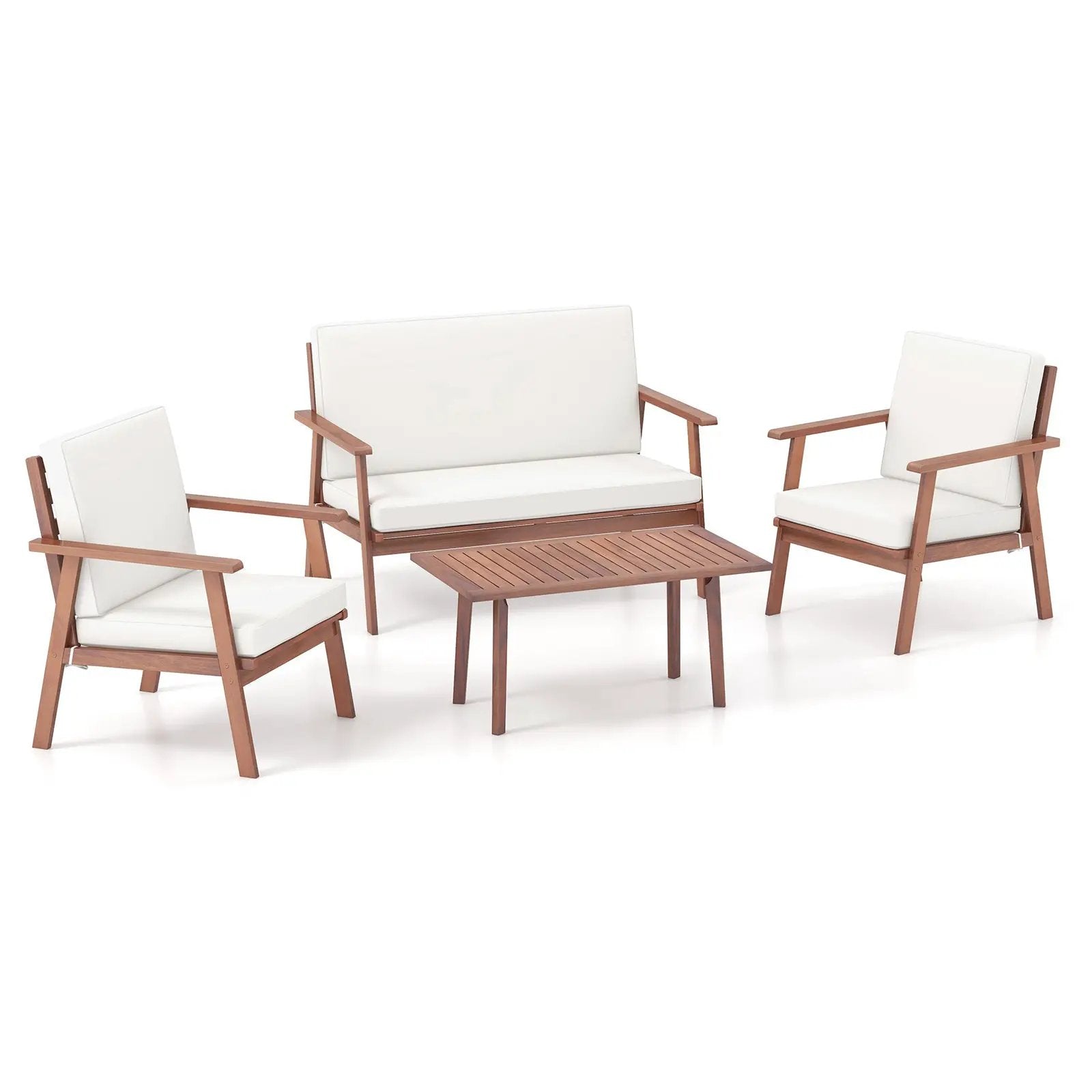 4 Piece Outdoor Acacia Wood Conversation Set with Soft Seat and Back Cushions by DirectDeals