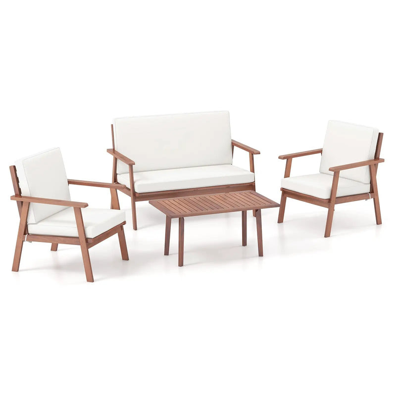 4 Piece Outdoor Acacia Wood Conversation Set with Soft Seat and Back Cushions by DirectDeals
