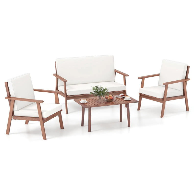 4 Piece Outdoor Acacia Wood Conversation Set with Soft Seat and Back Cushions by DirectDeals