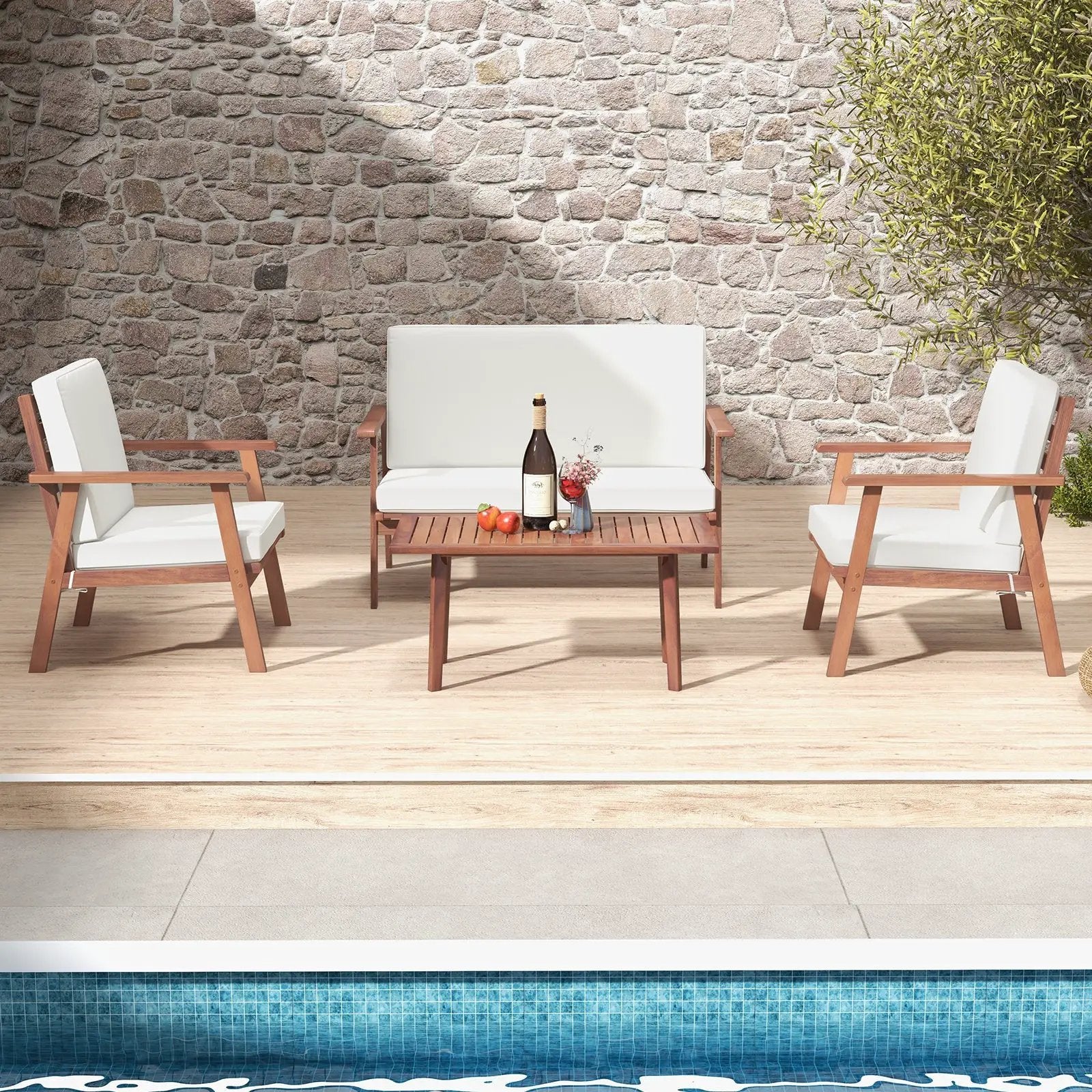 4 Piece Outdoor Acacia Wood Conversation Set with Soft Seat and Back Cushions by DirectDeals