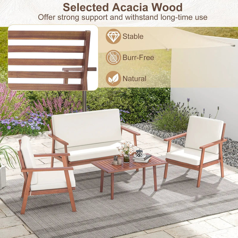 4 Piece Outdoor Acacia Wood Conversation Set with Soft Seat and Back Cushions by DirectDeals