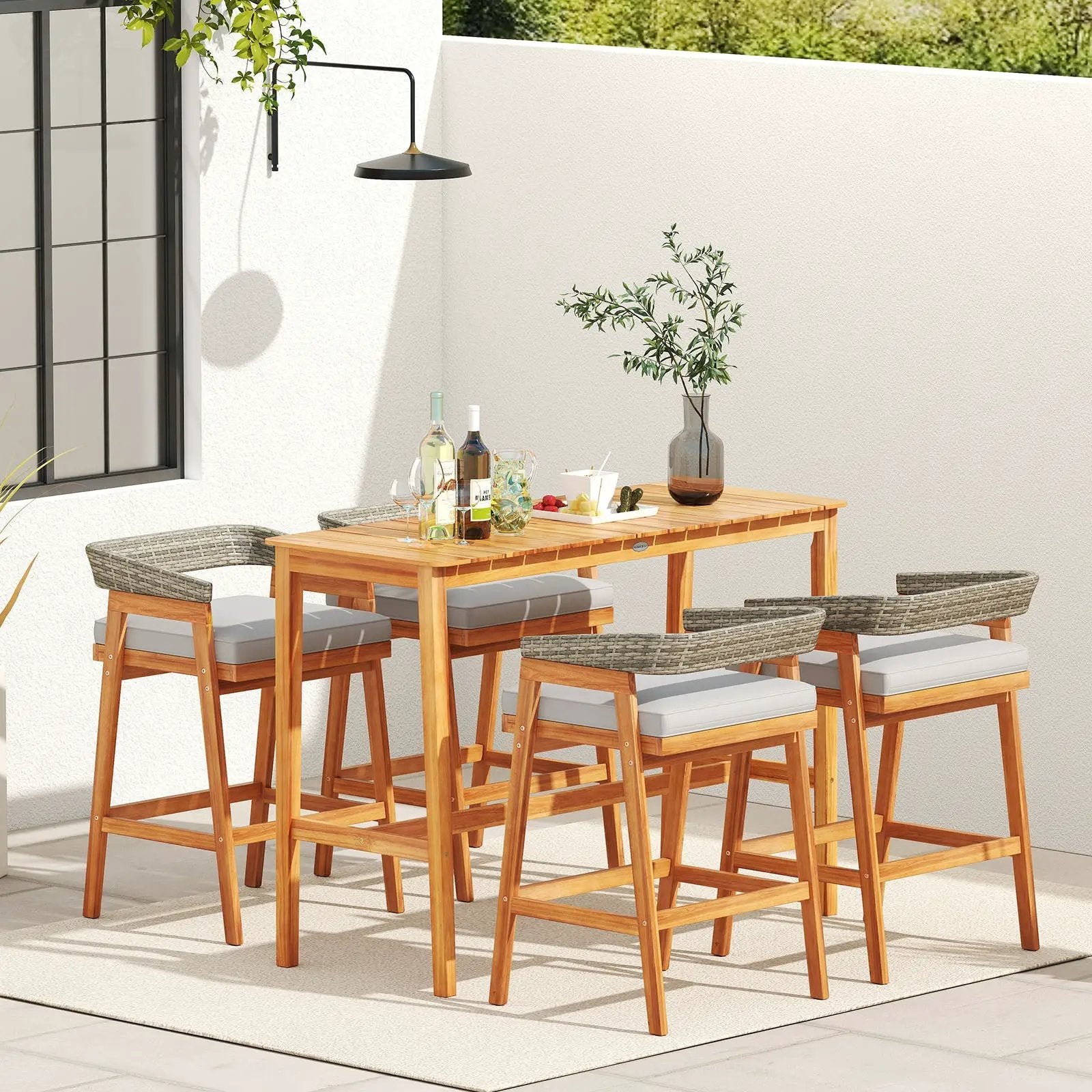 Acacia Wood Counter Height Table with Slatted Tabletop and Footrest Crossbar by DirectDeals
