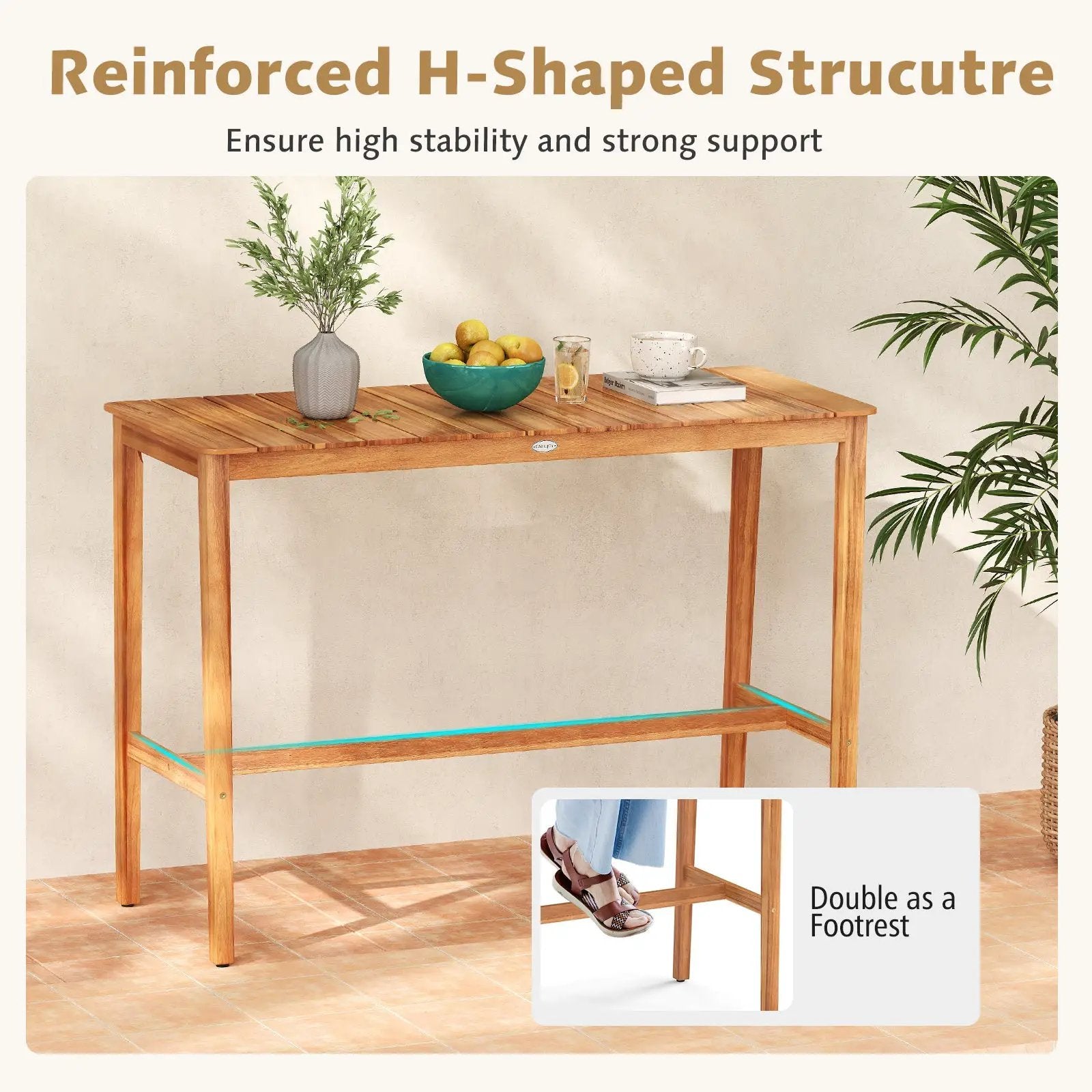 Acacia Wood Counter Height Table with Slatted Tabletop and Footrest Crossbar by DirectDeals