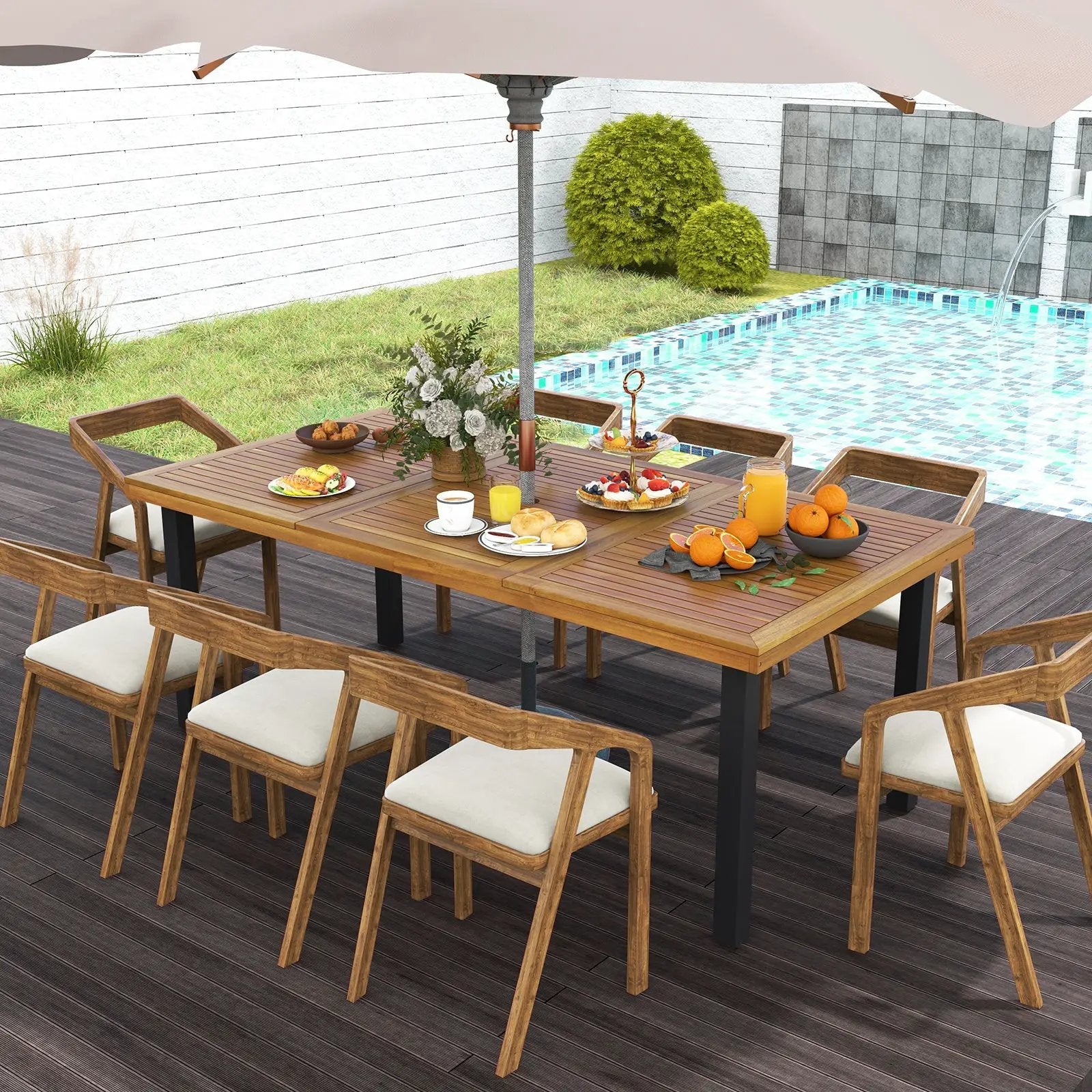 79 Inch Acacia Wood Dining Table 8-Person Patio Table with 1.9 Inch Umbrella Hole and Adjustable Foot Pads by DirectDeals