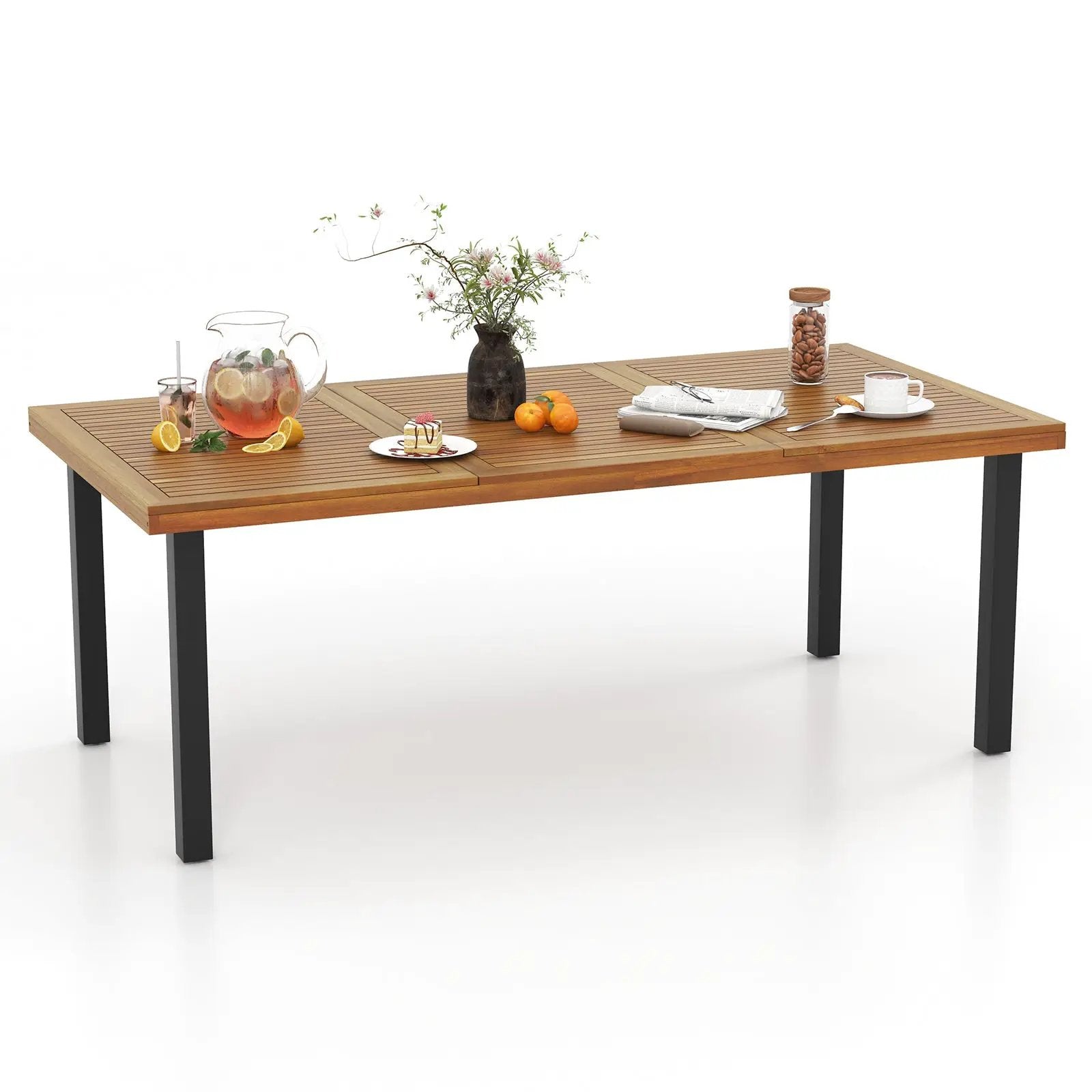 79 Inch Acacia Wood Dining Table 8-Person Patio Table with 1.9 Inch Umbrella Hole and Adjustable Foot Pads by DirectDeals
