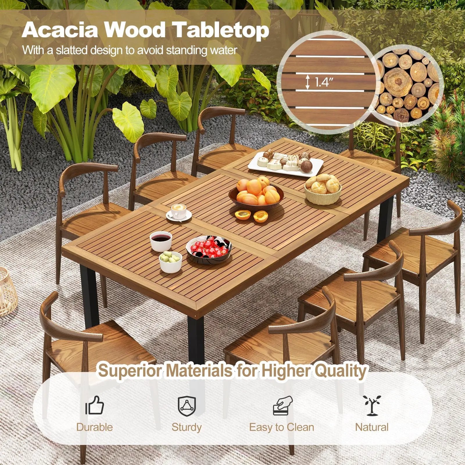 79 Inch Acacia Wood Dining Table 8-Person Patio Table with 1.9 Inch Umbrella Hole and Adjustable Foot Pads by DirectDeals