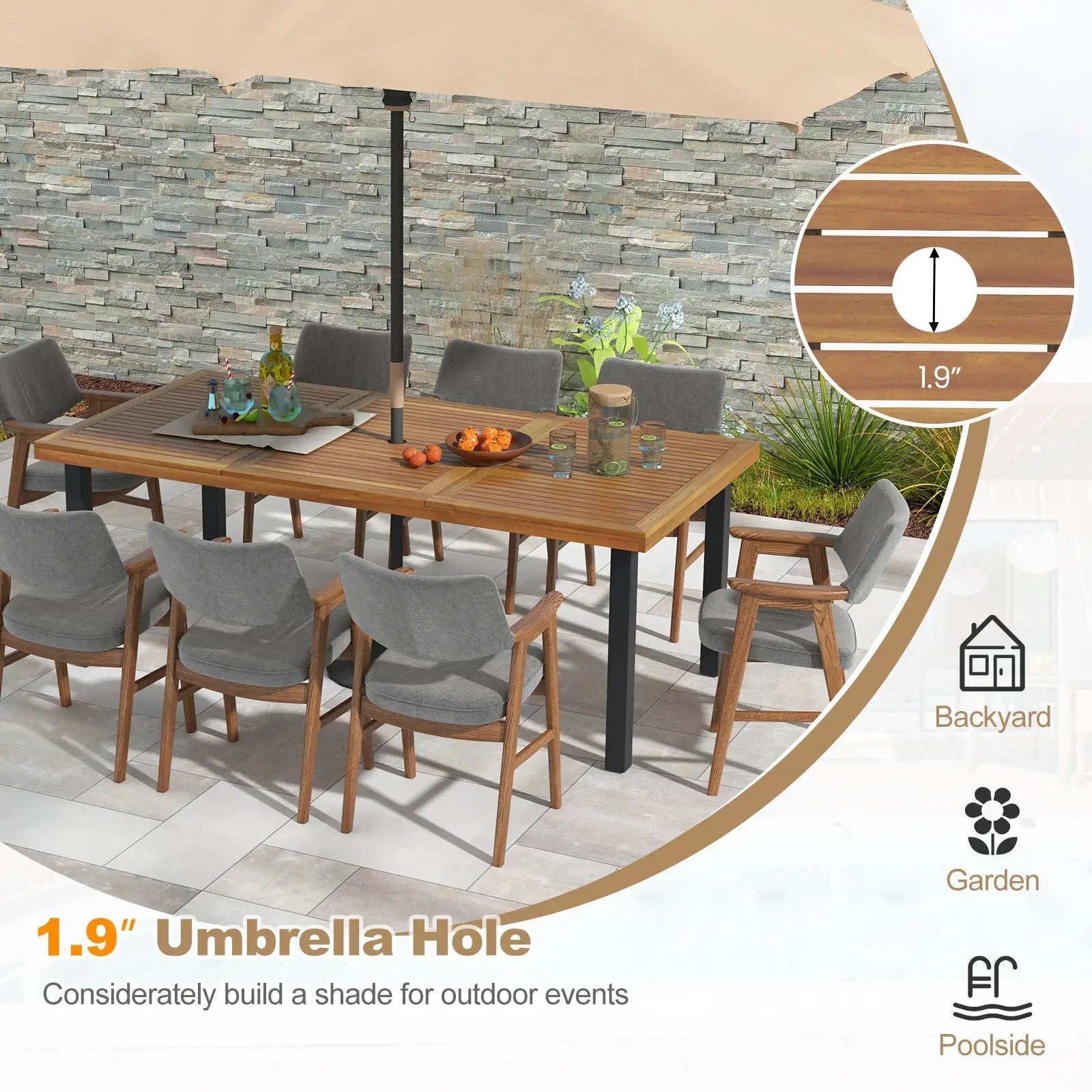 79 Inch Acacia Wood Dining Table 8-Person Patio Table with 1.9 Inch Umbrella Hole and Adjustable Foot Pads by DirectDeals