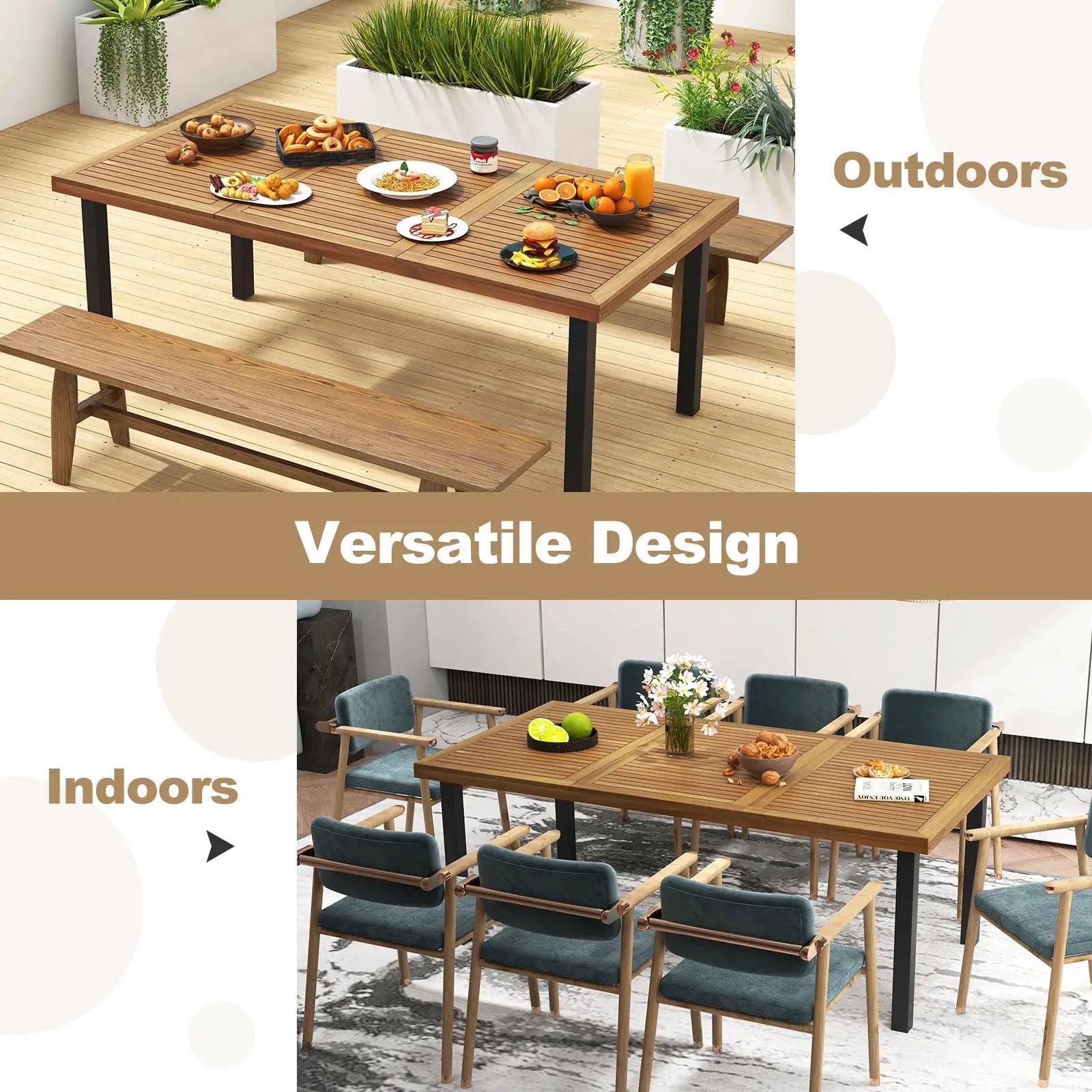 79 Inch Acacia Wood Dining Table 8-Person Patio Table with 1.9 Inch Umbrella Hole and Adjustable Foot Pads by DirectDeals