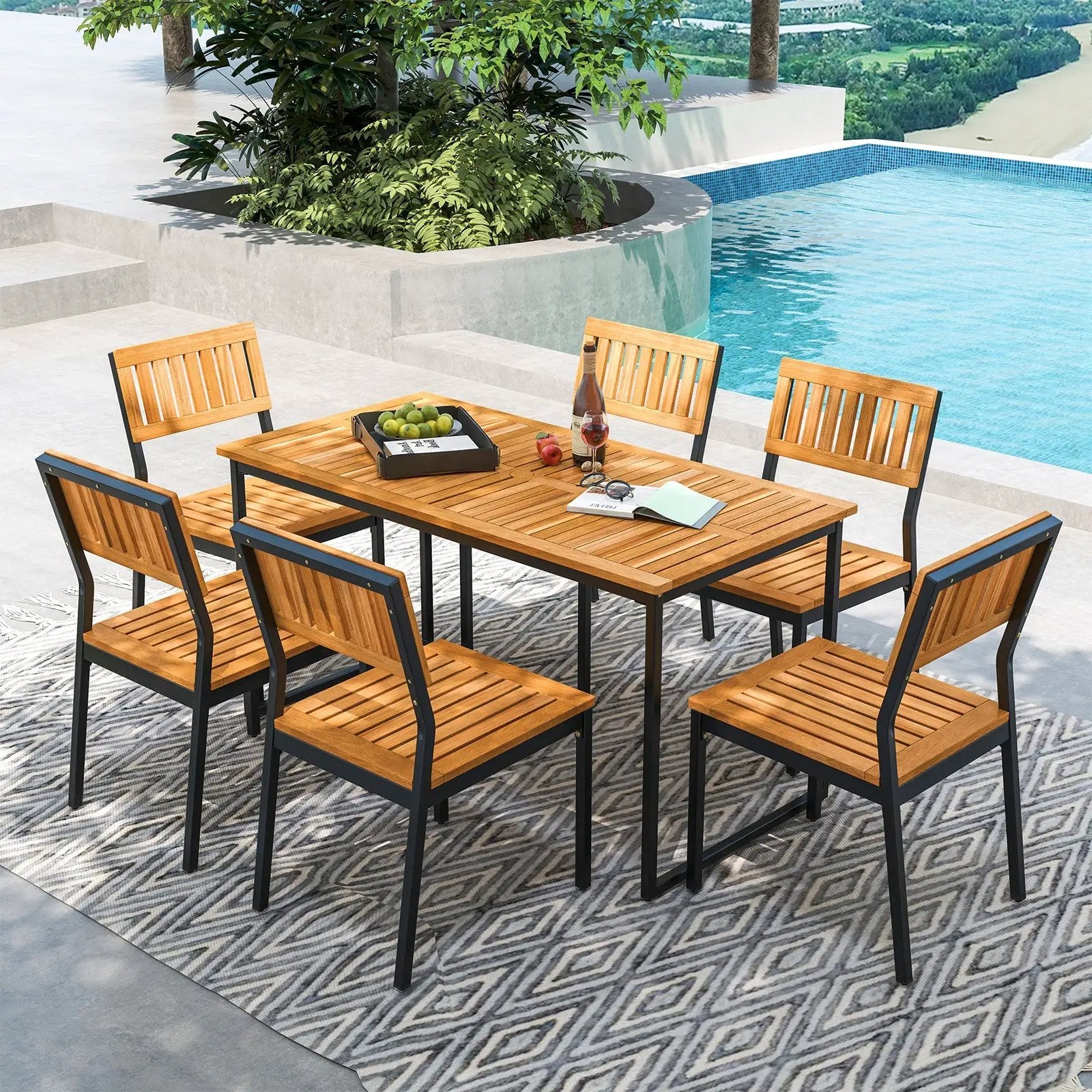 Acacia Wood Dining Table for 6 People with Slatted Tabletop and Umbrella Hole by DirectDeals