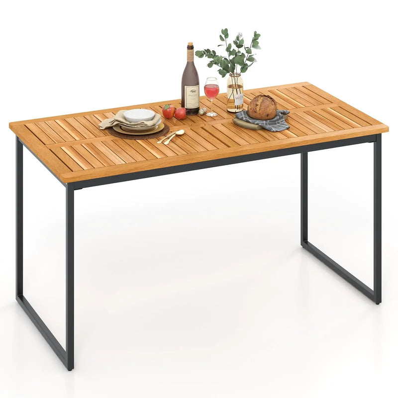 Acacia Wood Dining Table for 6 People with Slatted Tabletop and Umbrella Hole by DirectDeals