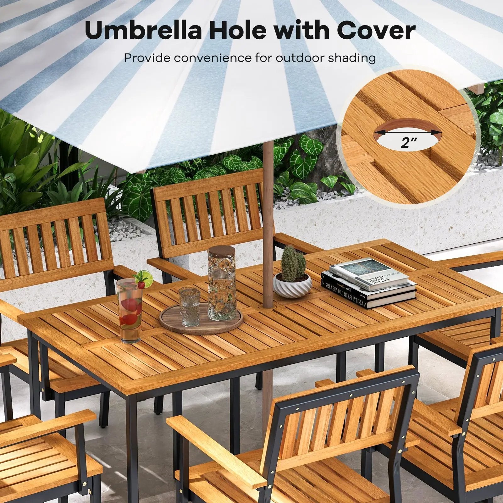 Acacia Wood Dining Table for 6 People with Slatted Tabletop and Umbrella Hole by DirectDeals