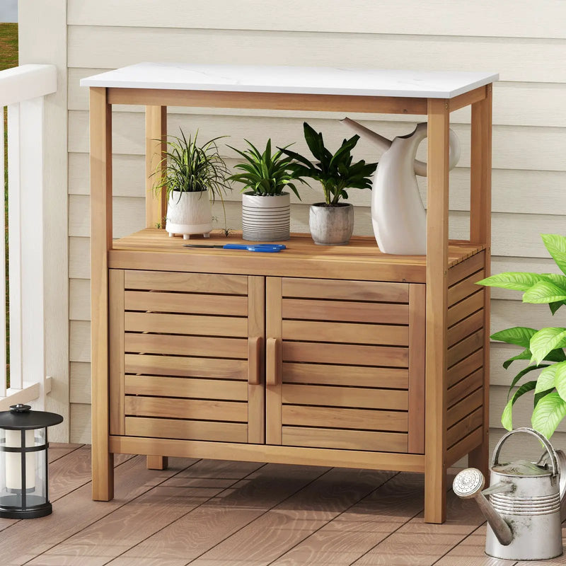Outdoor Potting Bench Acacia Wood Garden Potting Table Planting Work Bench Station with Louvered Doors by DirectDeals