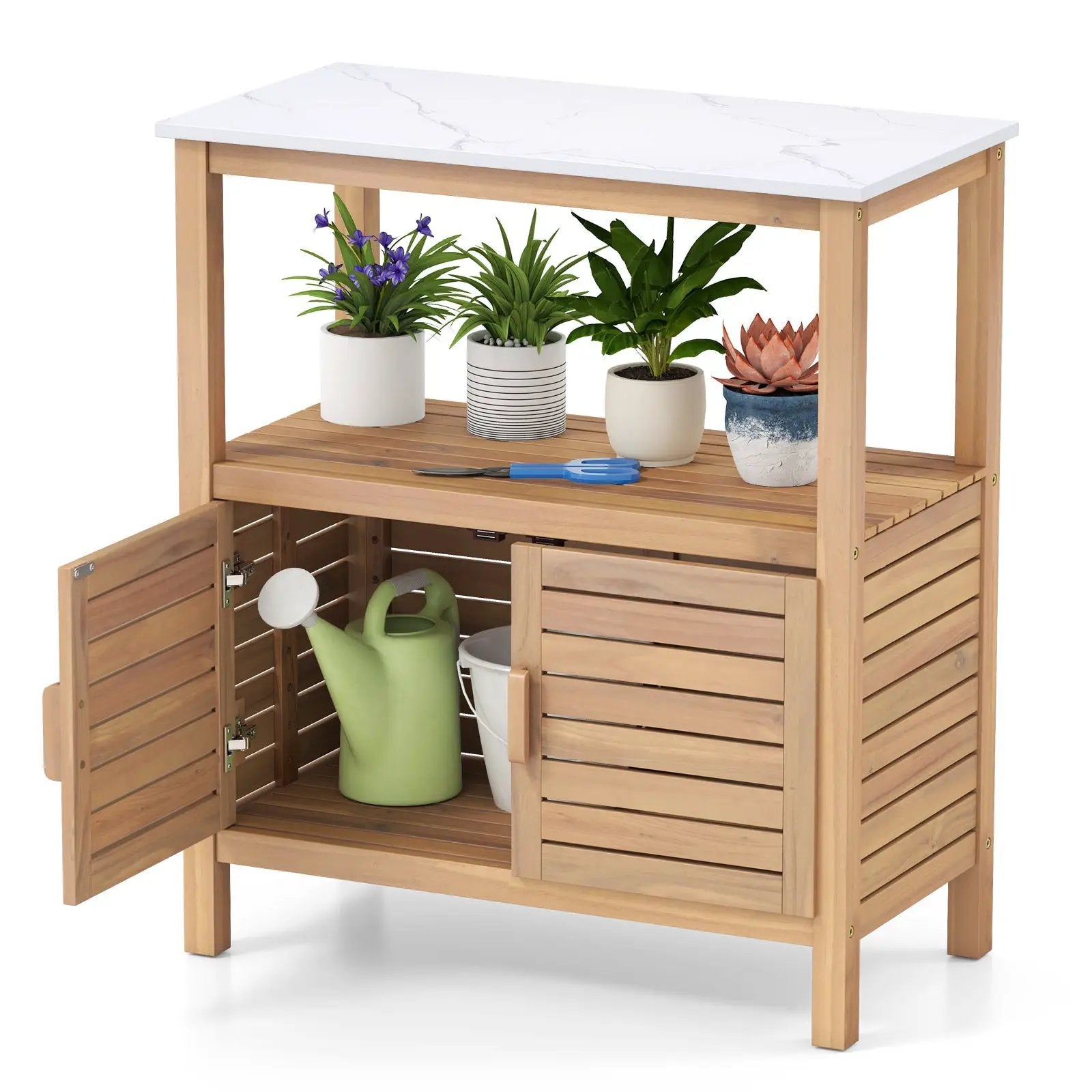 Outdoor Potting Bench Acacia Wood Garden Potting Table Planting Work Bench Station with Louvered Doors by DirectDeals