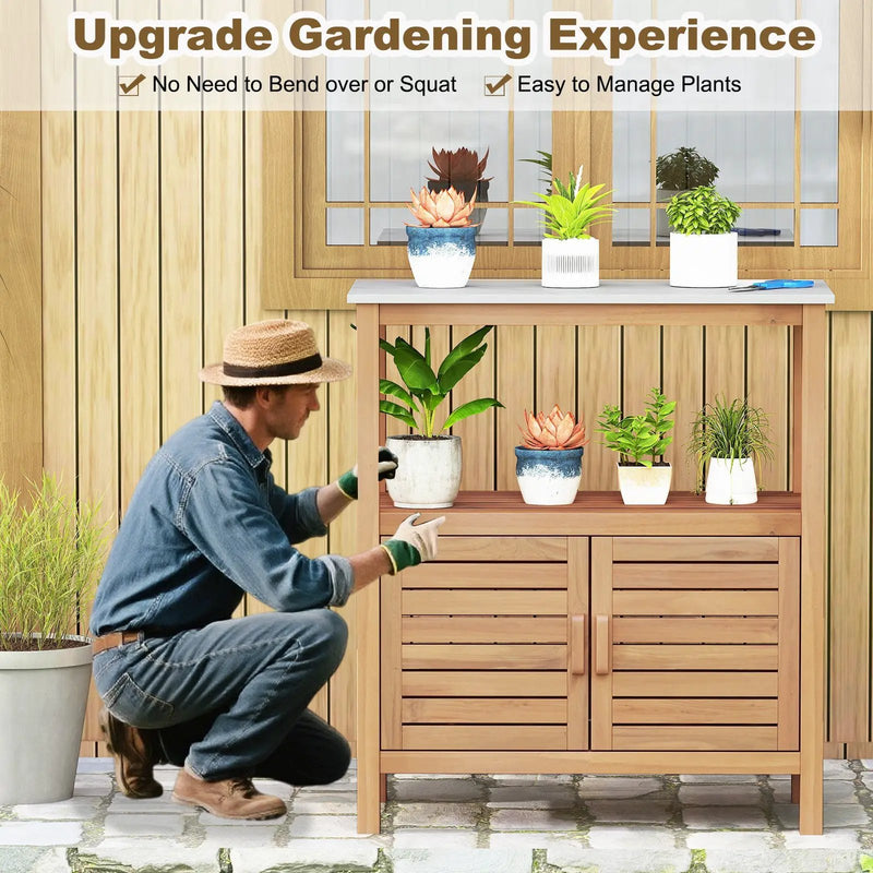 Outdoor Potting Bench Acacia Wood Garden Potting Table Planting Work Bench Station with Louvered Doors by DirectDeals