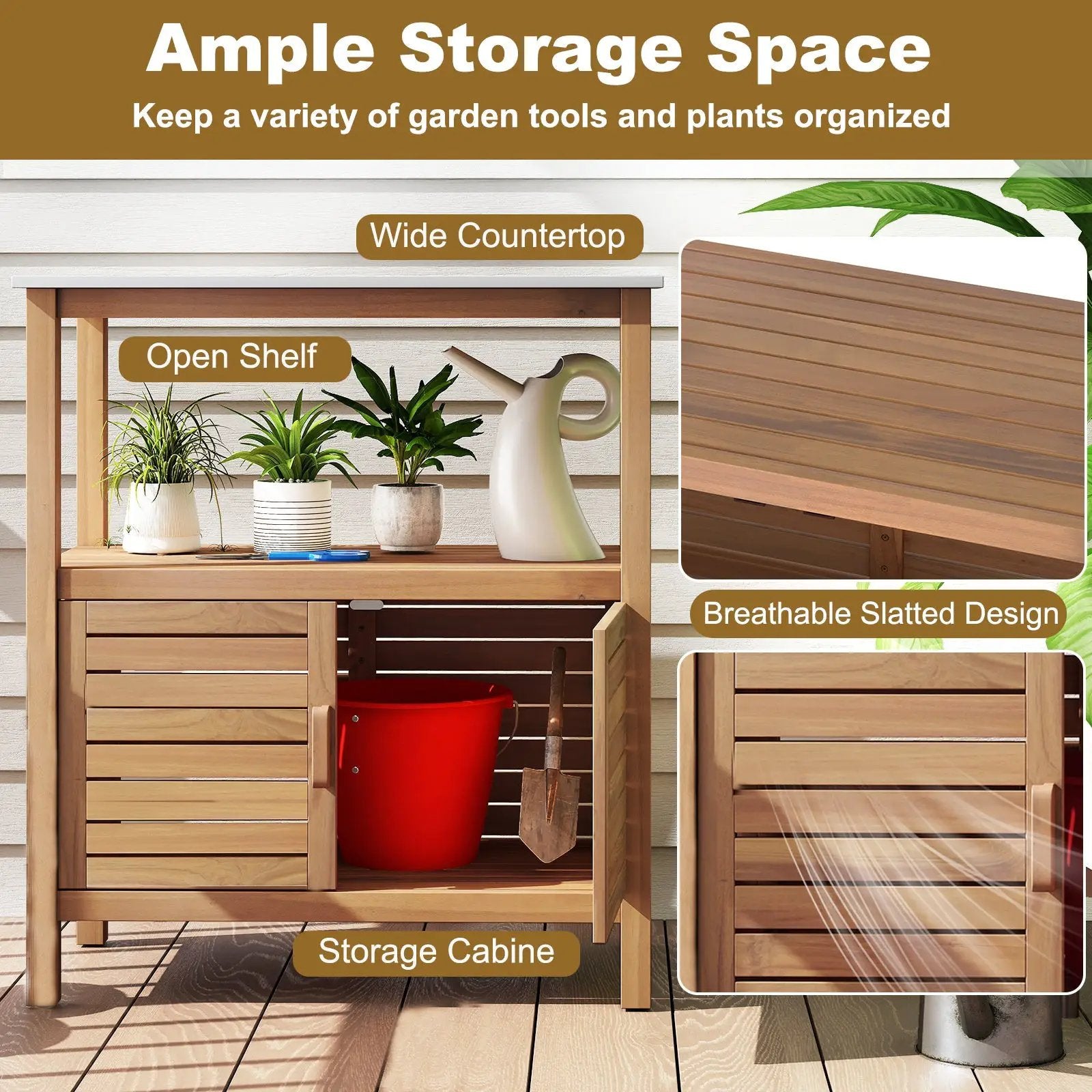 Outdoor Potting Bench Acacia Wood Garden Potting Table Planting Work Bench Station with Louvered Doors by DirectDeals